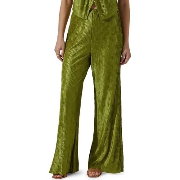 ASTR The Label Wide Leg Plisse Pants XL Avocado High Rise Cocktail Party Dressy - Picture 1 of 6